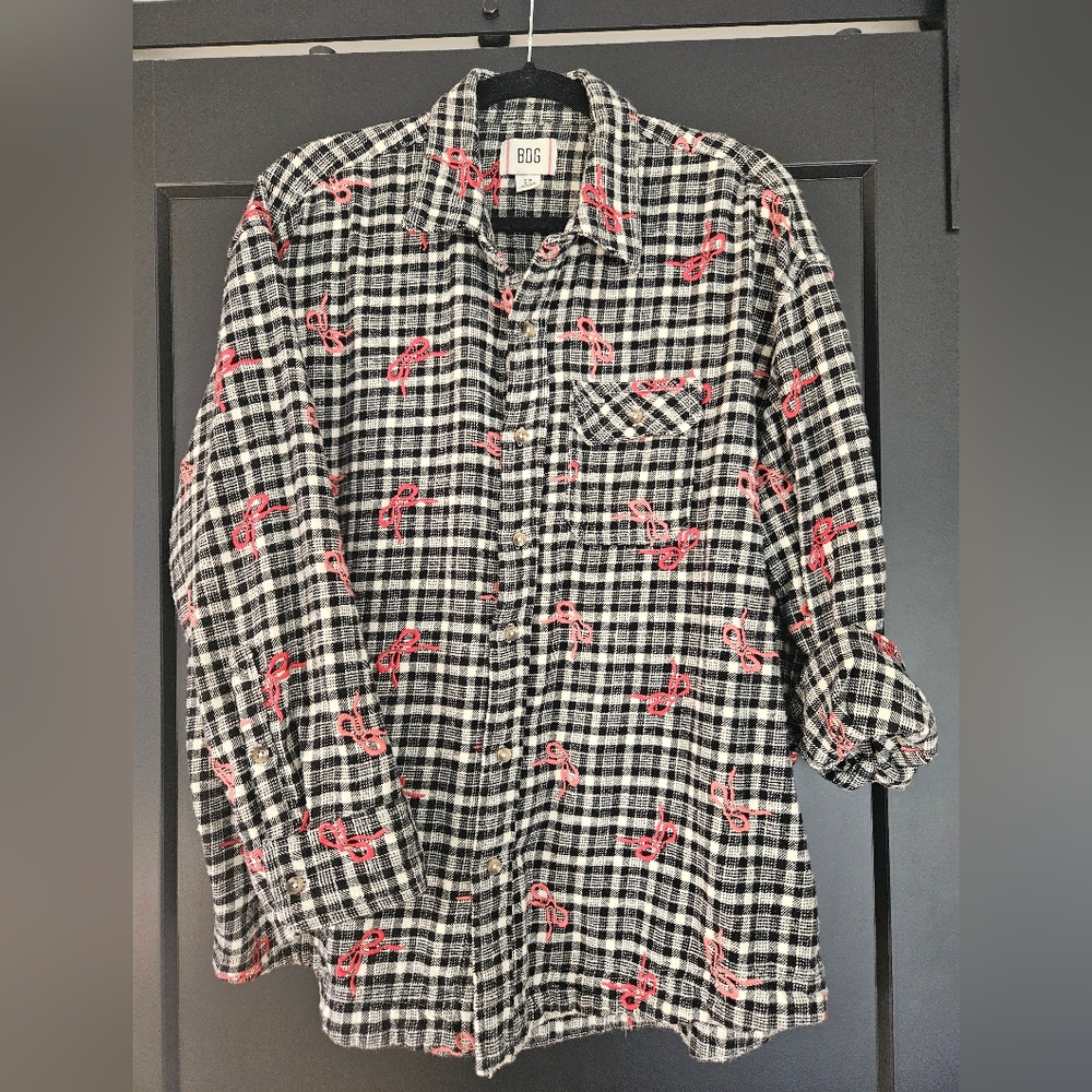 Black and White Plaid Flannel Shirt with Pink and Red Bows.